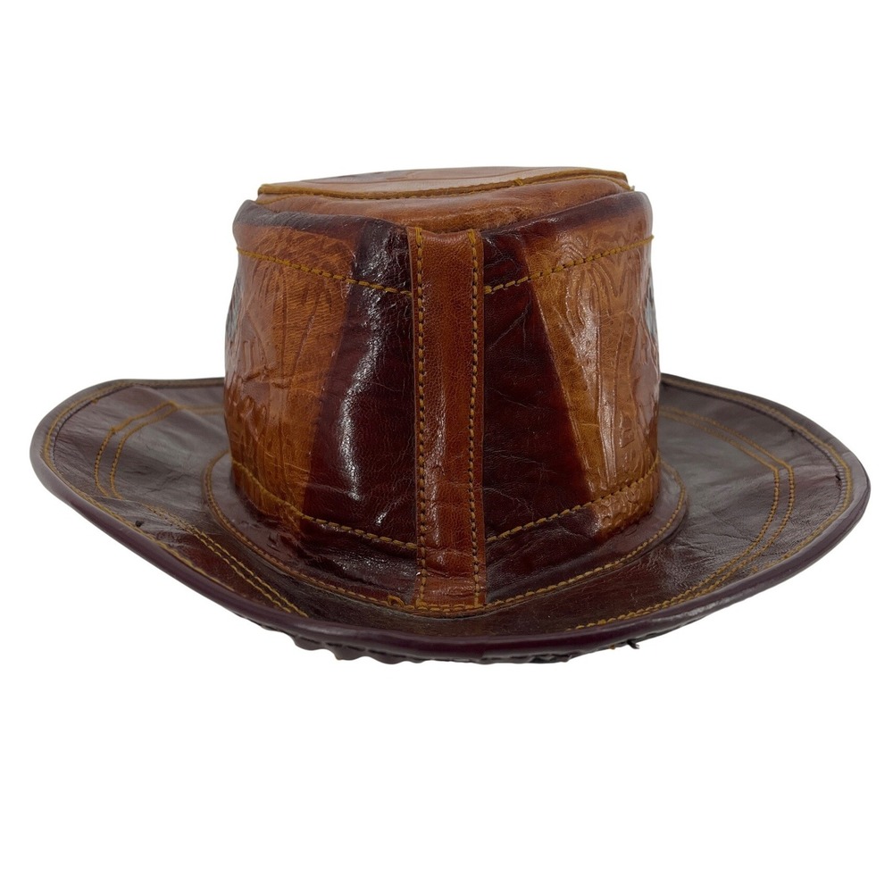 Unbranded Leather Safari Hat Mens OS Brown Excellent Embossed Elephant Patchwork